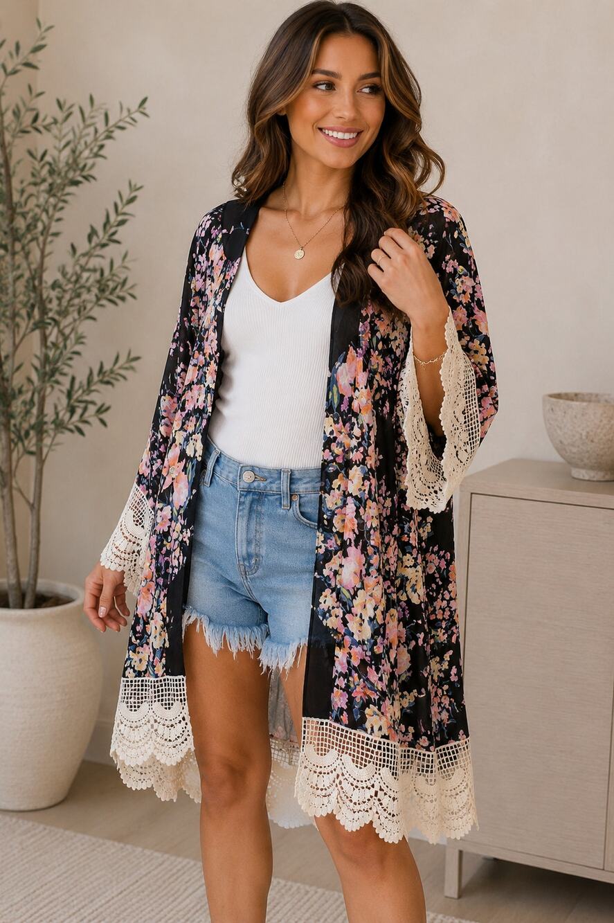 Umgee Floral Kimono Black Pink Boho Lace Trim Open Front Cardigan M/L